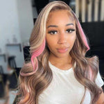 Alibonnie Pink And Blonde Highlights In Brown Hair Body Wave Blonde Skunk Stripe 13x4 Lace Wigs - Alibonnie