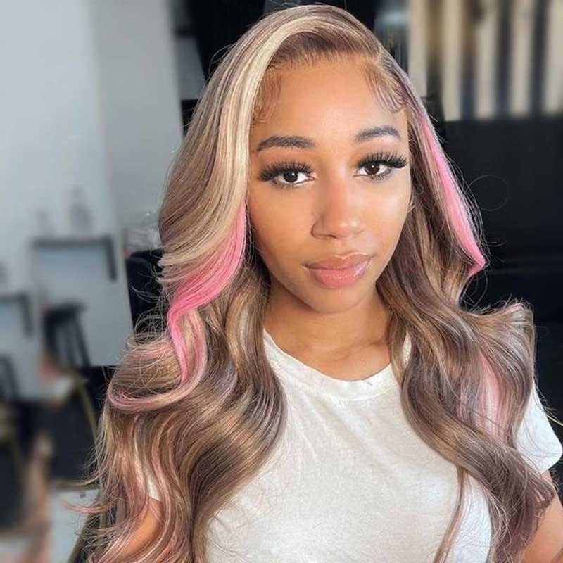 Alibonnie Pink And Blonde Highlights In Brown Hair Body Wave Blonde Skunk Stripe 13x4 Lace Wigs - Alibonnie