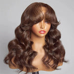 Alibonnie Pre Plucked 13x4 Tranpsarent Lace Curtain Bangs Body Wave Wig Butterfly Hair Cut Chestnut Brown Lace Wig - Alibonnie