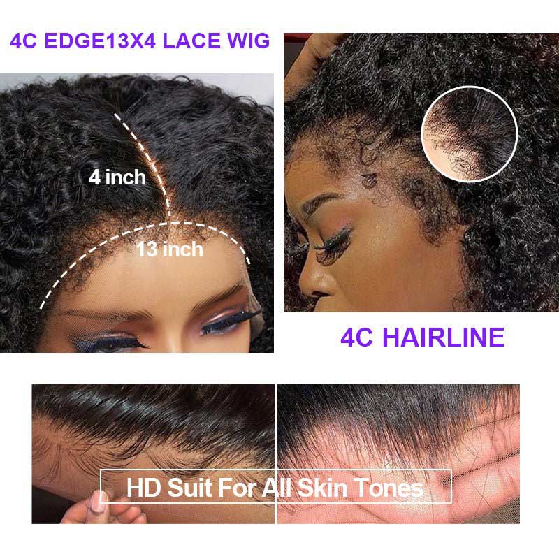 Alibonnie Realistic 4C Edges Kinky Curly Wig 13×4 HD Lace Frontal Wig 180% Density Natural Hairline - Alibonnie