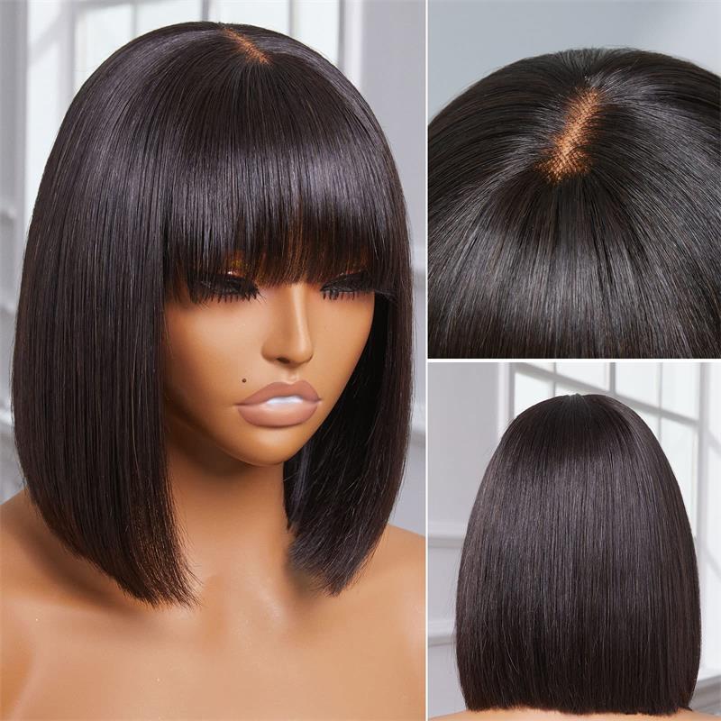 Alibonnie Short Yaki Straight Bob Wigs With Bangs Minimalist Undetectable Lace Glueless Bob Wigs - Alibonnie