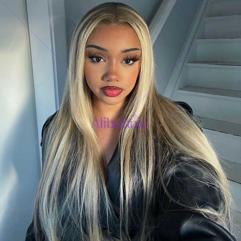 Alibonnie Straight Lace Front Wigs Balayage Highlight Brown Mix Blonde 613 Color 13x4 Lace Wigs 180% Density - Alibonnie