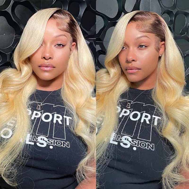 Alibonnie T4/613 Blonde Body Wave 13x4 Lace Front Wigs Ombre Brown Roots Human Hair Wigs - Alibonnie