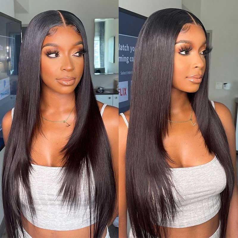 Alibonnie Trendy Layered Cut Straight 360 Lace Front Wigs 100% Human Hair Natural Black Wigs - Alibonnie