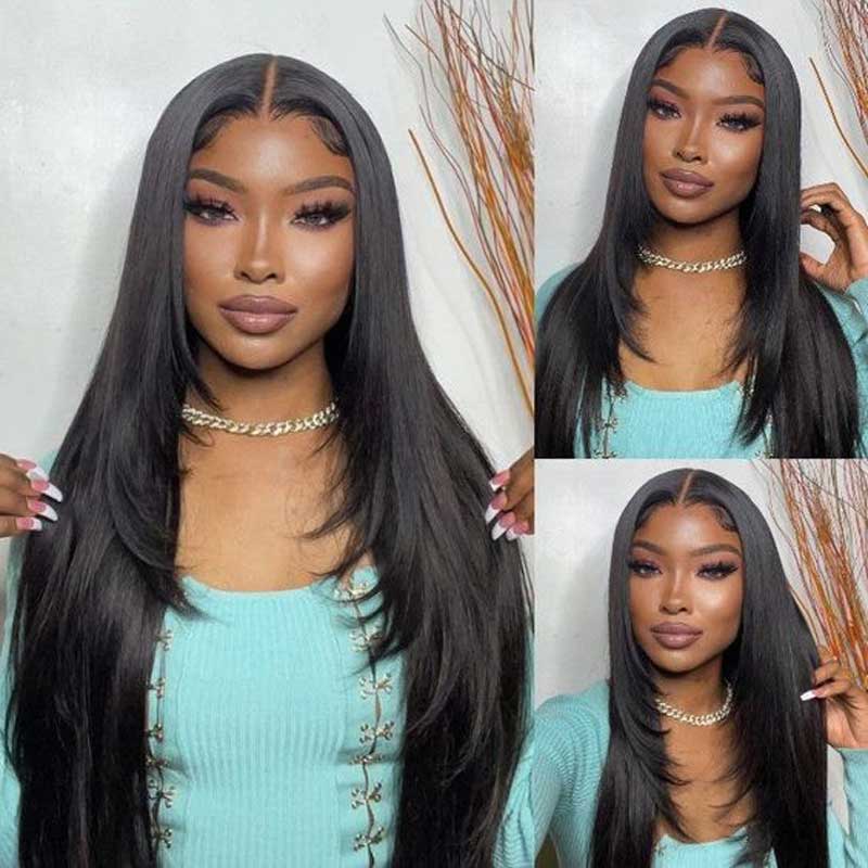 Alibonnie Trendy Layered Cut Straight 360 Lace Front Wigs 100% Human Hair Natural Black Wigs - Alibonnie