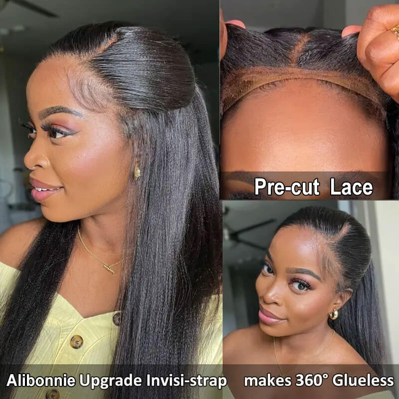 Alibonnie Upgrade Yaki Straight Invisible Strap Cozy Fit 360 Transparent Lace Frontal Wig With Bleached Knots&Pre Plucked - Alibonnie