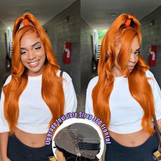 Alibonnie Upgraded Ginger Color Wigs Invisible Adjustable Strap Cozy Fit 360 Lace Body Wave Wig With Bleached Knots - Alibonnie