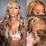 Alibonnie Upgraded Honey Blonde Highlight Body Wave Wigs Invisible Strap Cozy Fit 360 Lace Wig With Bleached Knots 200% Density - Alibonnie