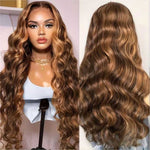 Alibonnie Upgraded Honey Blonde Highlight Body Wave Wigs Invisible Strap Cozy Fit 360 Lace Wig With Bleached Knots 200% Density - Alibonnie