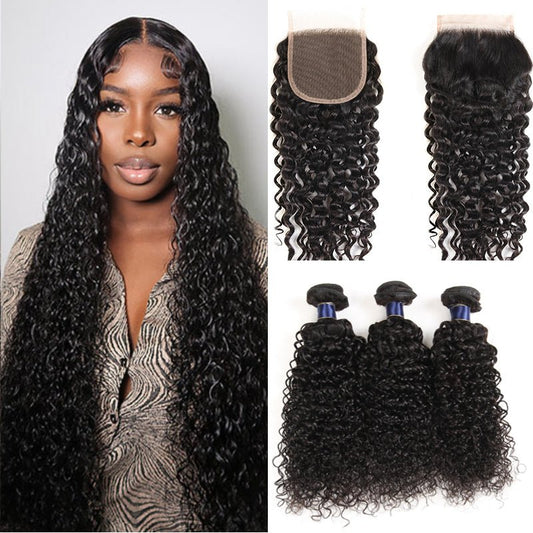 Alibonnie Water Wave Hair 3 Bundles With Transparent Lace Closure 4x4 Inch - Alibonnie