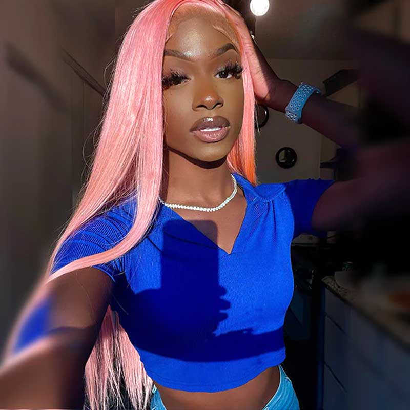 Ash Pink Lace Front Wig Straight Virgin Human Hair Glueless Wigs Pre Plucked Ready To Wear - Alibonnie