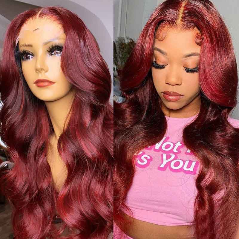 Best Precolored 99J Silk Straight Burgundy Lace Front Wig Human Hair - Alibonnie