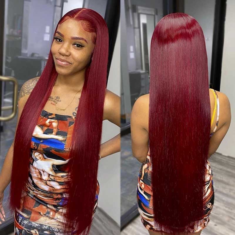 Best Precolored 99J Silk Straight Burgundy Lace Front Wig Human Hair - Alibonnie