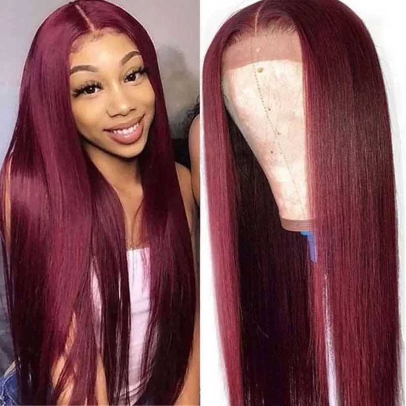 Best Precolored 99J Silk Straight Burgundy Lace Front Wig Human Hair - Alibonnie