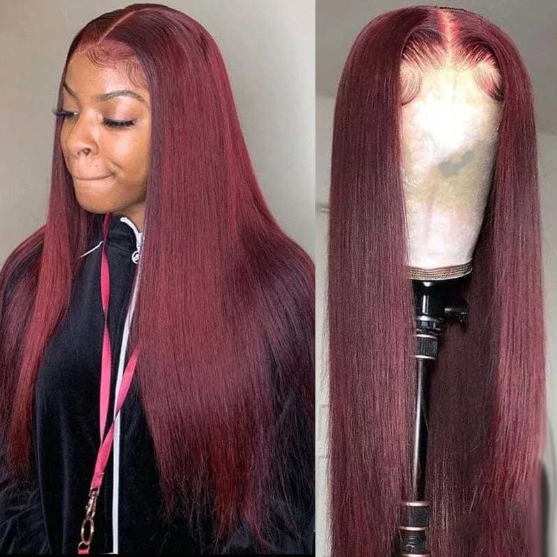 Best Precolored 99J Silk Straight Burgundy Lace Front Wig Human Hair - Alibonnie