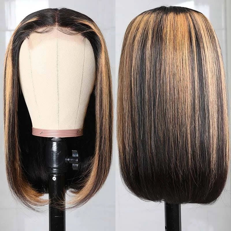 Black Wig With Blonde Highlights Short Bob Wigs Brazilian Human Hair GluelessLace Wig Pre Plucked Ready To Wear - Alibonnie