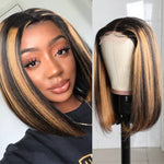 Black Wig With Blonde Highlights Short Bob Wigs Brazilian Human Hair GluelessLace Wig Pre Plucked Ready To Wear - Alibonnie