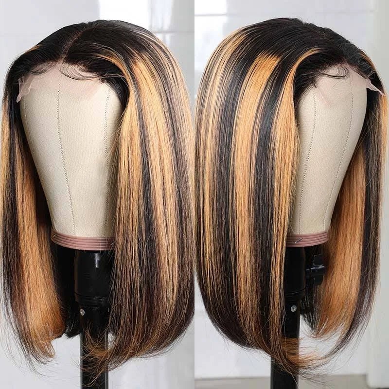 Black Wig With Blonde Highlights Short Bob Wigs Brazilian Human Hair GluelessLace Wig Pre Plucked Ready To Wear - Alibonnie