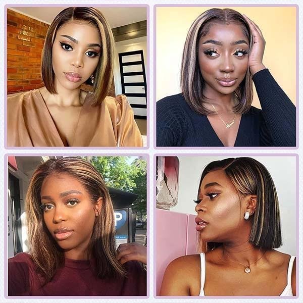 Blonde Highlight Bob Wigs Human Hair Brazilian Ombre Glueless Lace Wig Pre Plucked Ready To Wear - Alibonnie