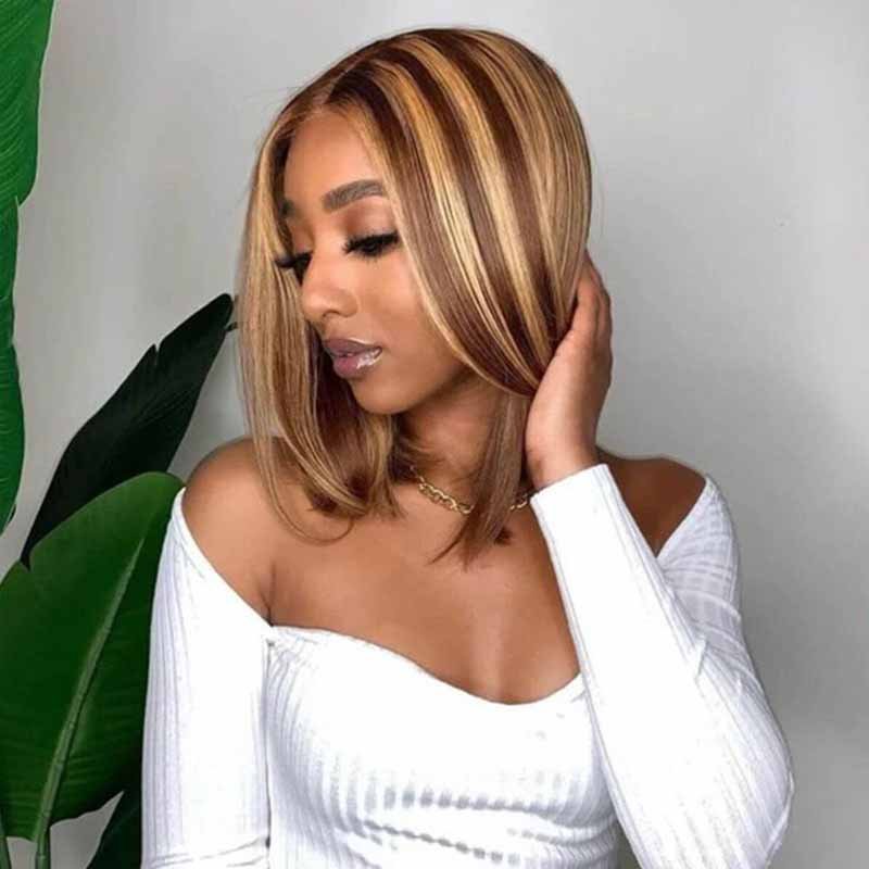 Blonde Highlight Bob Wigs Human Hair Brazilian Ombre Glueless Lace Wig Pre Plucked Ready To Wear - Alibonnie