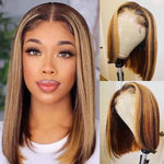 Blonde Highlight Bob Wigs Human Hair Brazilian Ombre Glueless Lace Wig Pre Plucked Ready To Wear - Alibonnie