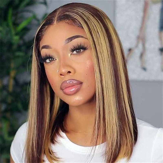 Blonde Highlight Bob Wigs Human Hair Brazilian Ombre Glueless Lace Wig Pre Plucked Ready To Wear - Alibonnie