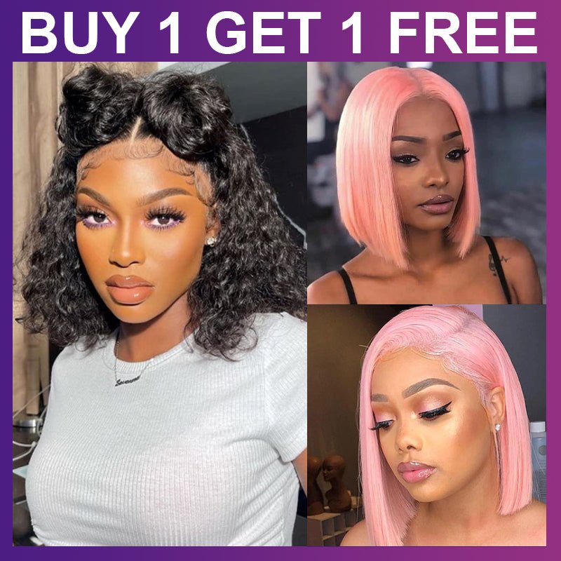 BOGO Free: 12 Inch 13x4 Lace Front Water Wave Wig & 10 Inch Pink Bob 4x4 Lace Closure 200% Dinsity - Alibonnie