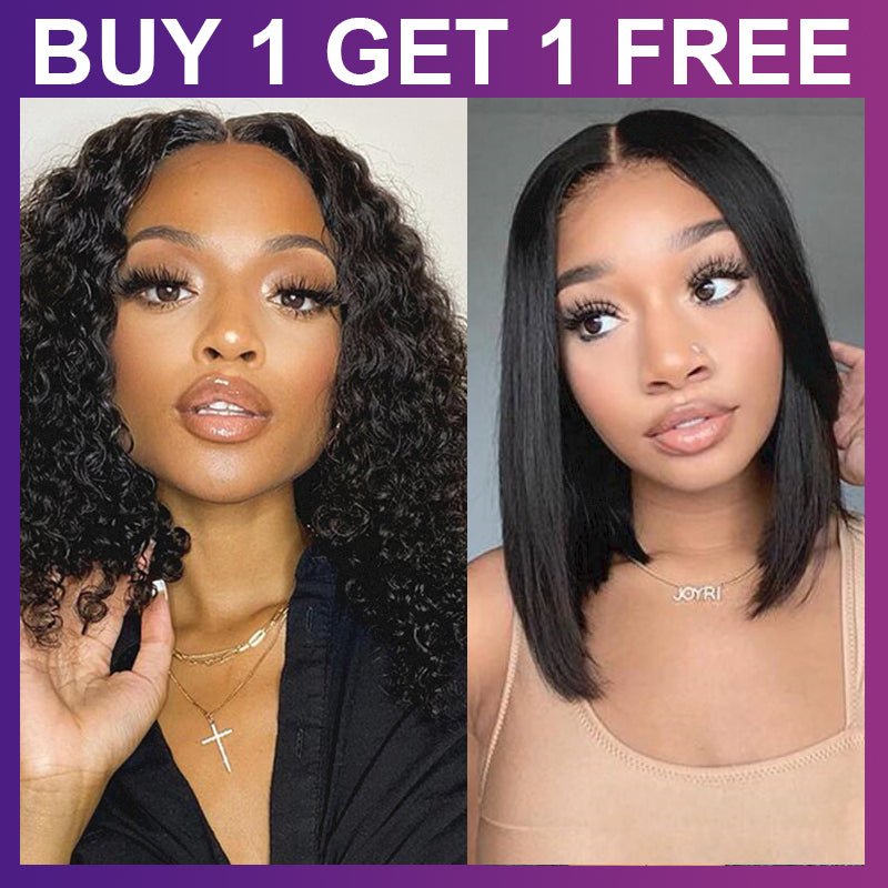 BOGO Free: 14 Inch 4x4 Lace Closure Natural Black Color Jerry Curly Wig & 10 Inch V Part Wig Straight Bob - Alibonnie