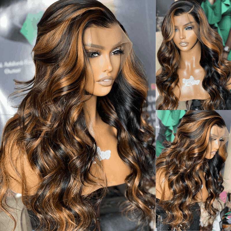 Brown Highlight Brazilian Body Wave Lace Front Human Hair Wigs For Black Women Pre plucked - Alibonnie