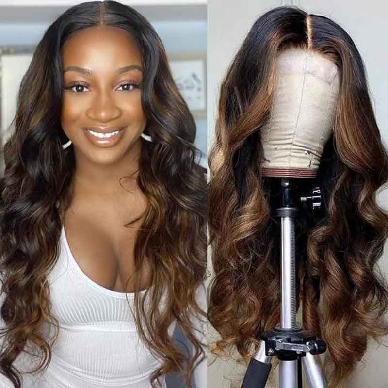 Brown Highlight Brazilian Body Wave Lace Front Human Hair Wigs For Black Women Pre plucked - Alibonnie