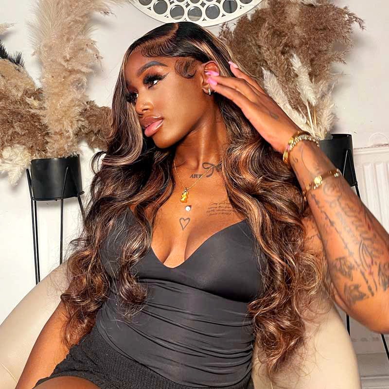 Brown Highlight Brazilian Body Wave Lace Front Human Hair Wigs For Black Women Pre plucked - Alibonnie