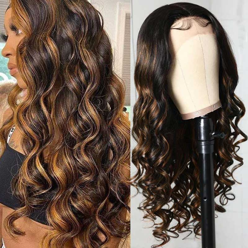 Brown Highlight Brazilian Body Wave Lace Front Human Hair Wigs For Black Women Pre plucked - Alibonnie