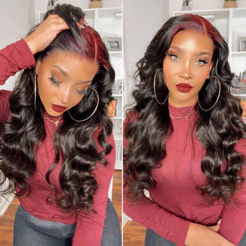 Burgundy 99J Red Color Sparkle Roots On Black Hair 13X4 Lace Front Wig –  Alibonnie