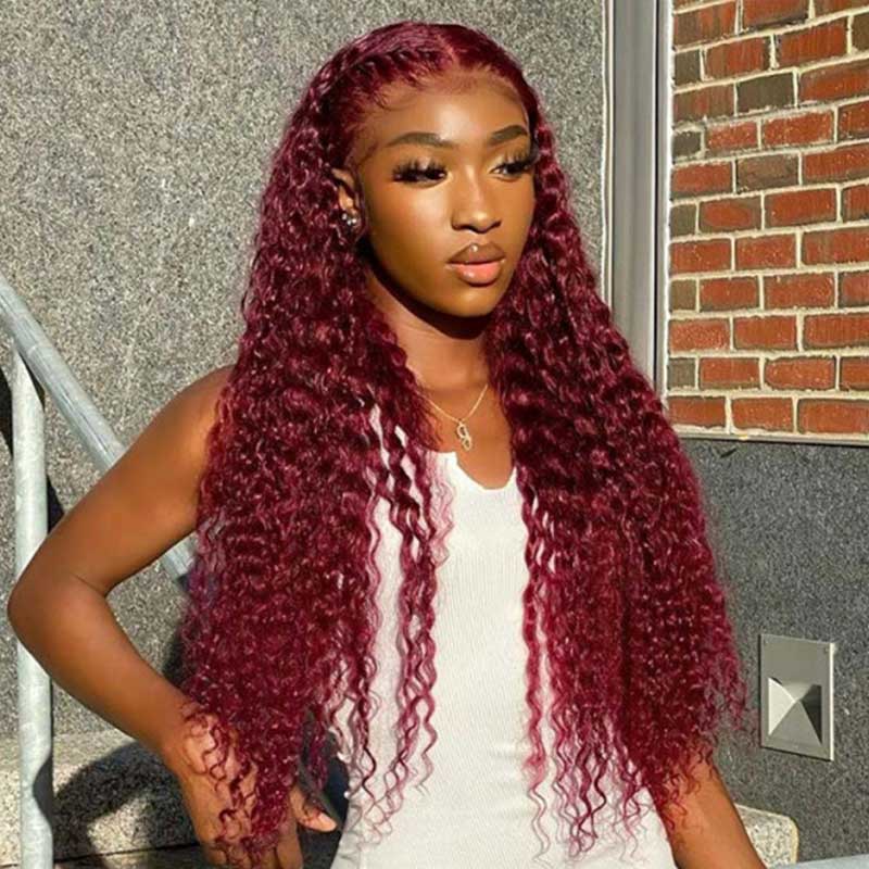 Burgundy Deep Wave Lace Frontal Wigs Human Hair 99J Colored - Alibonnie