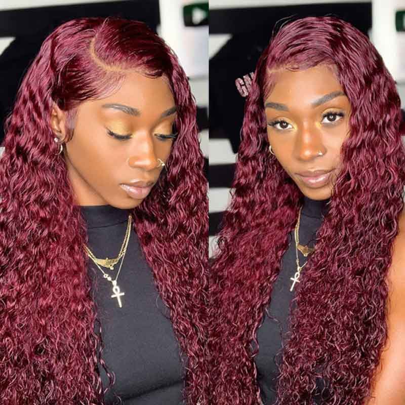Burgundy Deep Wave Lace Frontal Wigs Human Hair 99J Colored - Alibonnie
