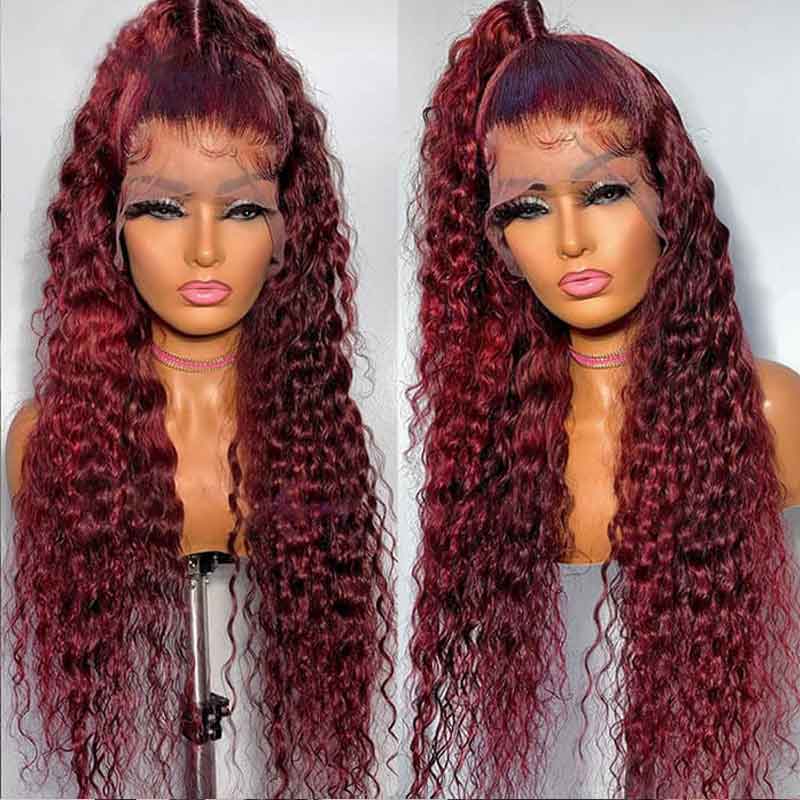 Burgundy Deep Wave Lace Frontal Wigs Human Hair 99J Colored - Alibonnie