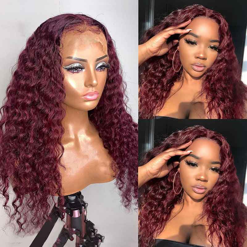 Burgundy Deep Wave Lace Frontal Wigs Human Hair 99J Colored - Alibonnie