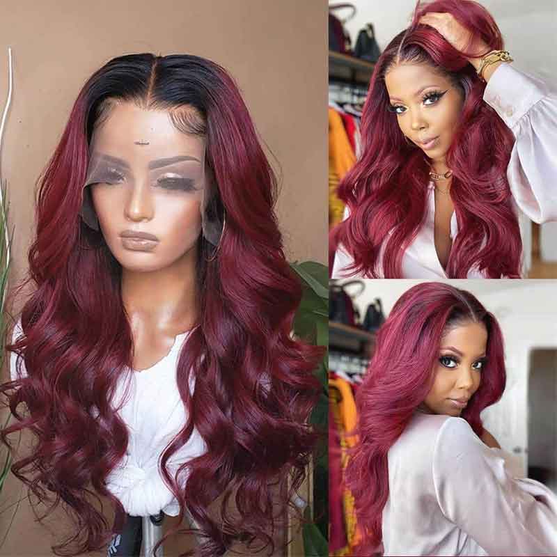 Burgundy Lace Front Wigs Human Hair 1b99J Body Wave Wig Pre-Plucked Virgin Hair - Alibonnie