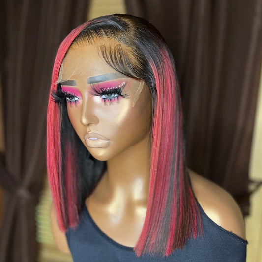 CUSTOM WIG| Pink Highlights Short Bob Wigs Human Hair 13x4 Frontal Wigs Pre Plucked Ready To Wear - Alibonnie