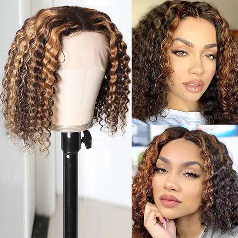 Highlight Bob Wig Curly Lace Front Human Hair Wigs Short Bob Ombre Human Hair Wig 4x4 Closure Brazilian Remy Lace Wig - Alibonnie