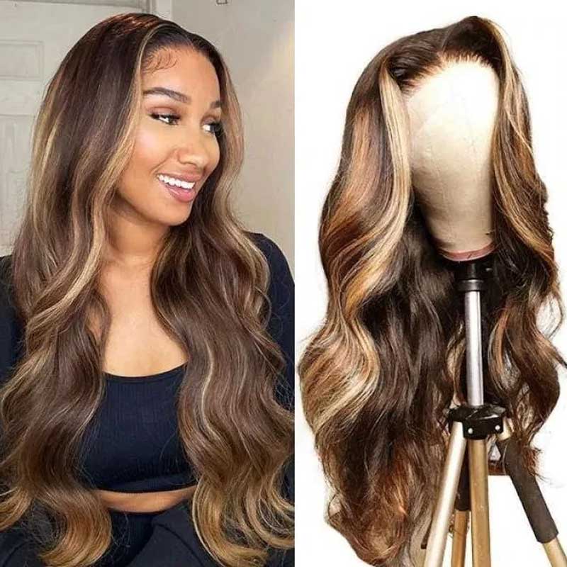 Honey Blonde Highlight Body Wave 13x4 Lace Front Wigs 100% Virgin Human Hair Wigs - Alibonnie