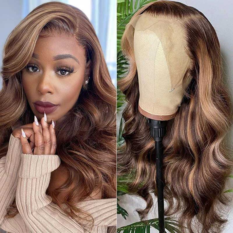 Honey Blonde Highlight Body Wave 13x4 Lace Front Wigs 100% Virgin Human Hair Wigs - Alibonnie