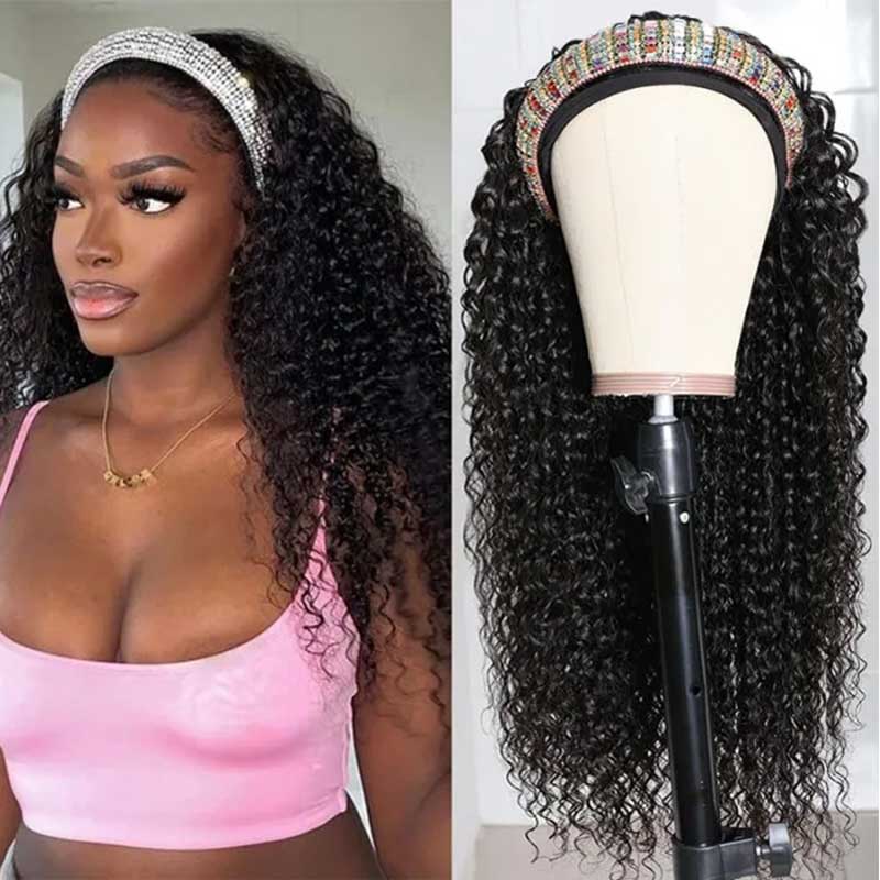 Kinky Curly Wig Headband Wig Glueless Wig 150% Density Human Hair Wigs Brazilian Half Wigs For Blackwomen - Alibonnie