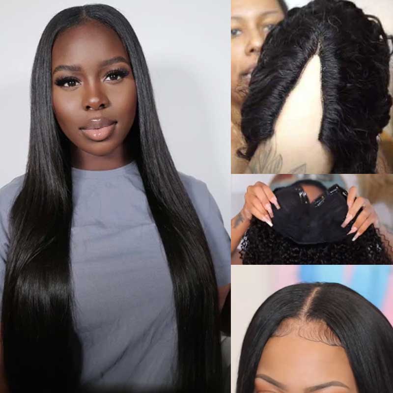 NO SKILL NEED!! Beginner Friendly V Part Straight Human Hair Wig No Leave Out Upgrade U Part Wig - Alibonnie