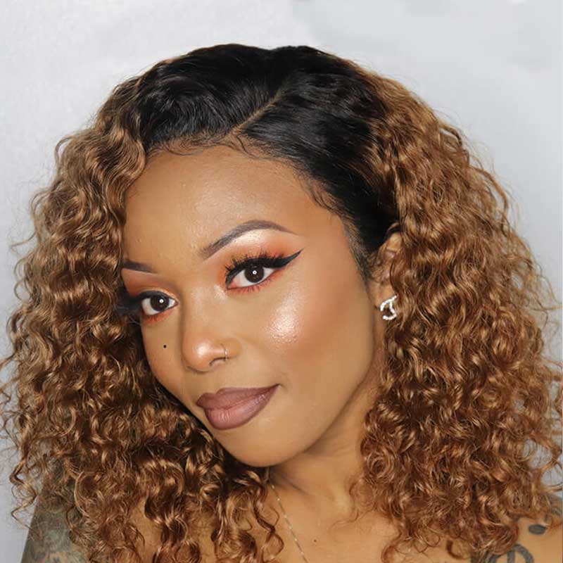 Ombre Honey Blonde Curly Human Hair Lace Front Wigs 200% Density - Alibonnie
