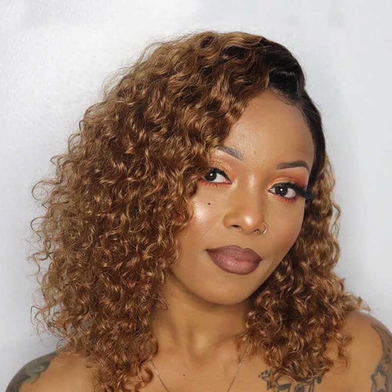 Ombre Honey Blonde Curly Human Hair Lace Front Wigs 200% Density - Alibonnie