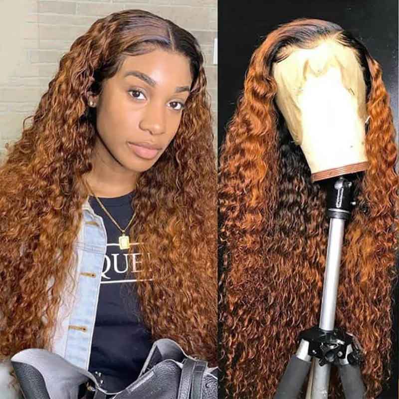 Ombre Water Wave Human Hair Wigs Pre Plucked Glueless Ginger Blonde Lace Frontal Wigs - Alibonnie