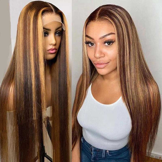 Piano Honey Blonde Highlights Brazilian 13x4 Full Lace Frontal Straight Human Hair Wigs - Alibonnie