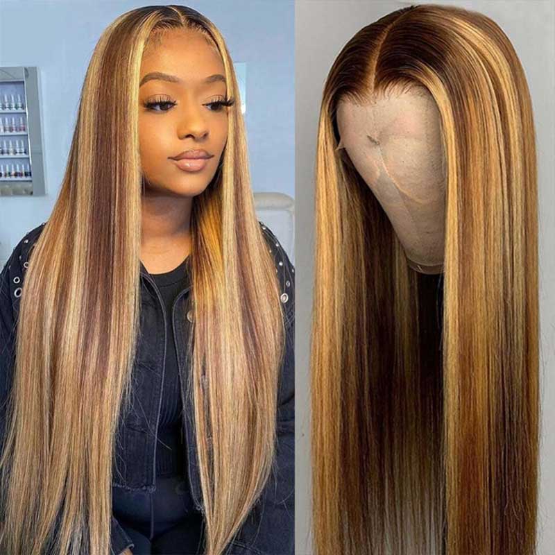 Piano Honey Blonde Highlights Brazilian 13x4 Full Lace Frontal Straight Human Hair Wigs - Alibonnie