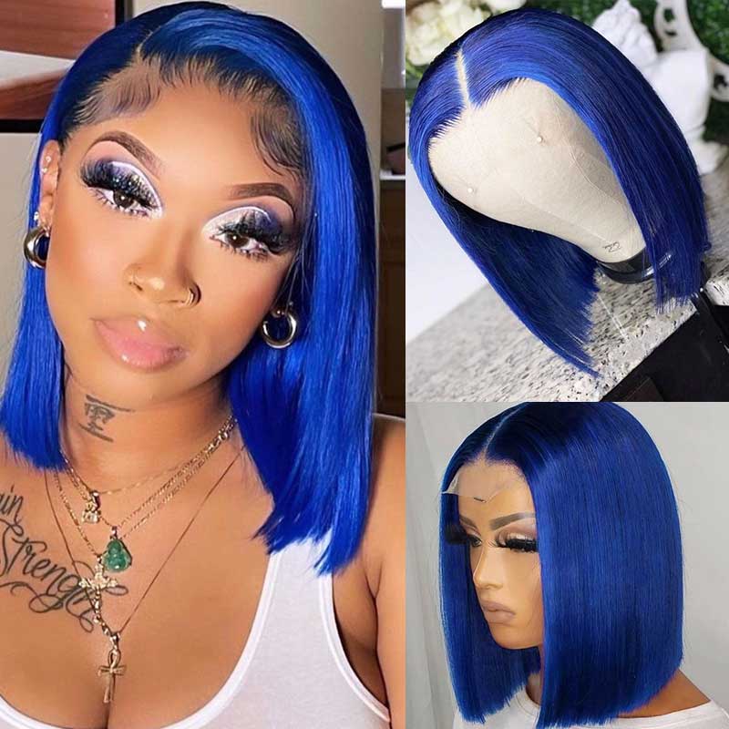 Short Bob Wig Blue Wigs Human Hair Pre Plucked With Baby Hair Straight Brazilian Real Hair Color Bob Wigs For Black Women - Alibonnie